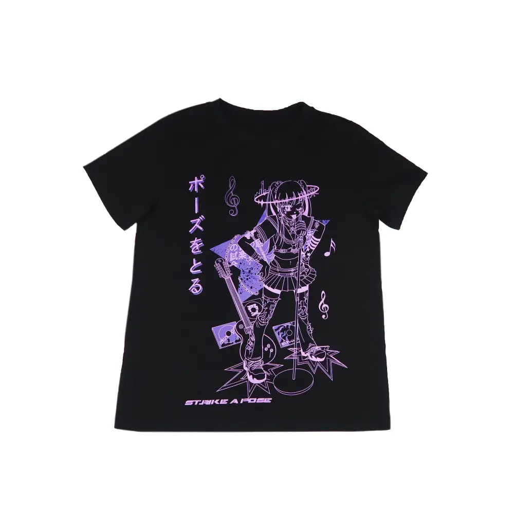 Harajuku Music Girl Print Black T-shirt