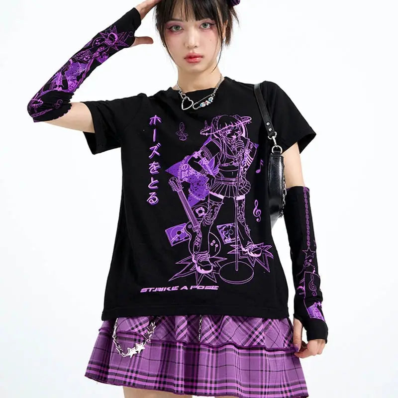 Harajuku Music Girl Print Black T-shirt