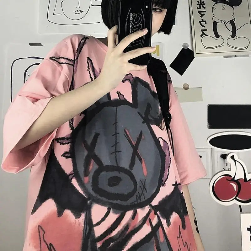 Harajuku Pastel Goth Bear T-Shirt - Pink / S