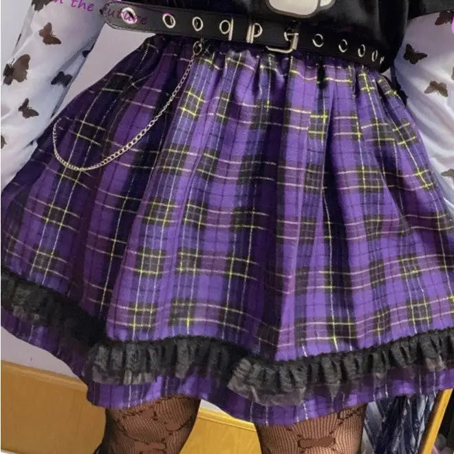Harajuku Plaid Mini Skirt with Leg Cover and High Waist
