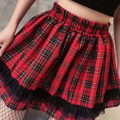 Harajuku Plaid Mini Skirt with Leg Cover and High Waist