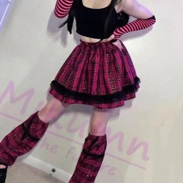 Harajuku Plaid Mini Skirt with Leg Cover and High Waist