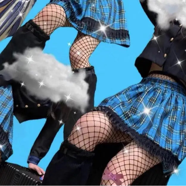 Harajuku Plaid Mini Skirt with Leg Cover and High Waist