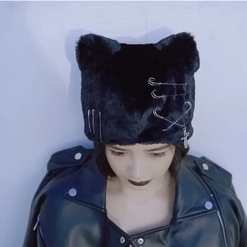Harajuku Punk Gothic Cross Cat Ears Beret - Black - Hat