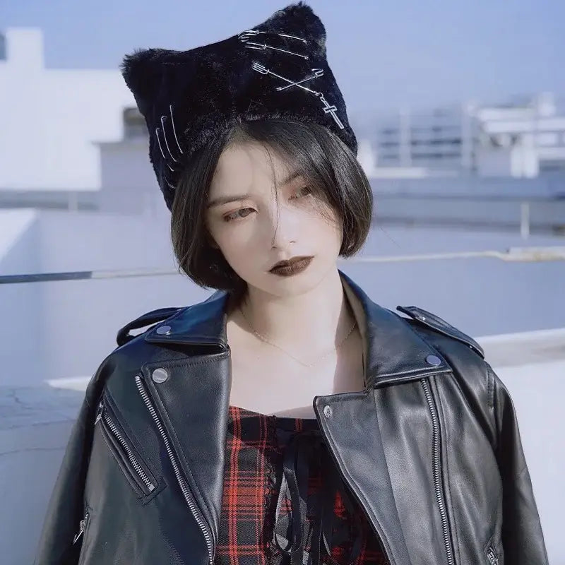 Harajuku Punk Gothic Cross Cat Ears Beret - Black - Hat