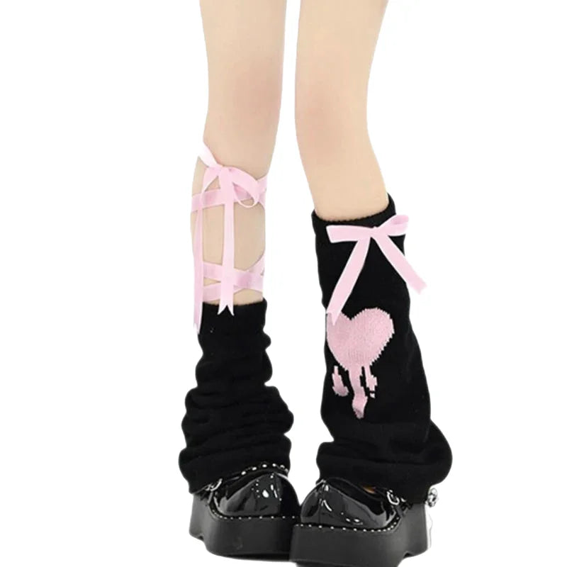 Harajuku Ribbon Bow Lace Up Leg Warmer Socks Black up