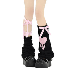 Harajuku Ribbon Bow Lace Up Leg Warmer Socks Black up