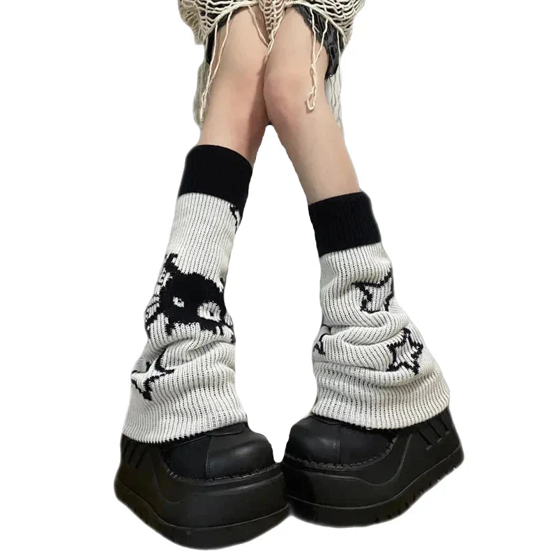 Harajuku Star Skull Two Side Wear Leg Warmers Socks Black