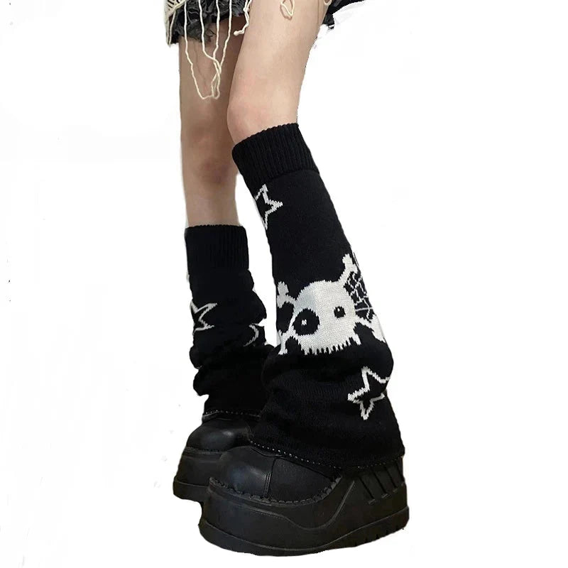 Harajuku Star Skull Two Side Wear Leg Warmers Socks Black