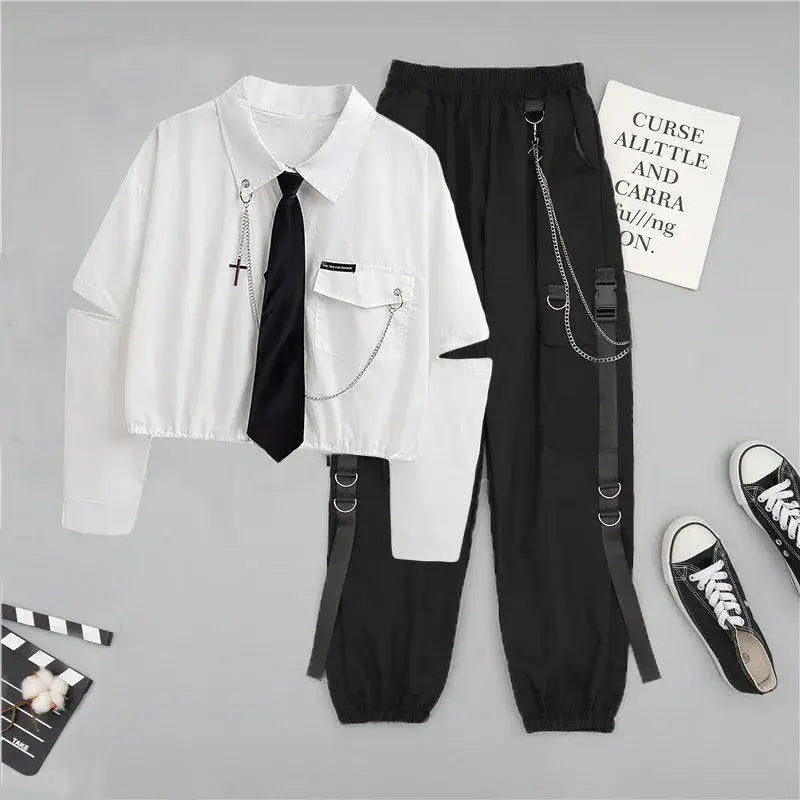 Harajuku Streetwear Duo: High-Waist Pants & Aesthetic Shirt
