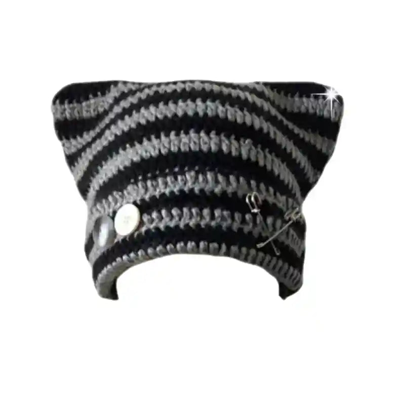 Harajuku Style Cat Ears Striped Knitted Hat Black / One Size