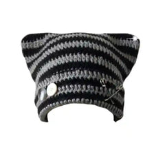 Harajuku Style Cat Ears Striped Knitted Hat Black / One Size