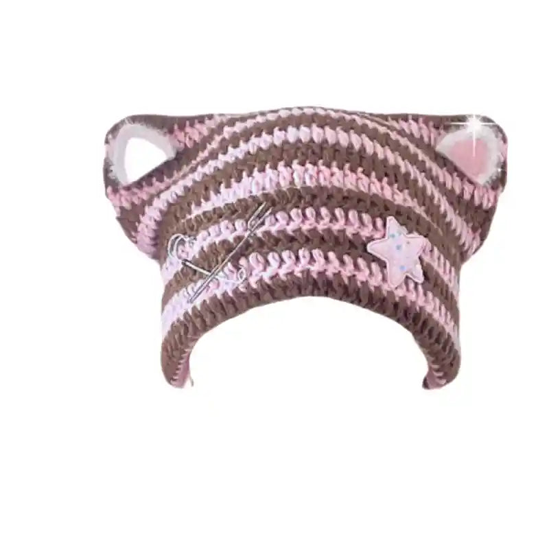 Harajuku Style Cat Ears Striped Knitted Hat Brown / One Size