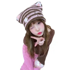 Harajuku Style Cat Ears Striped Knitted Hat with Star Brooch