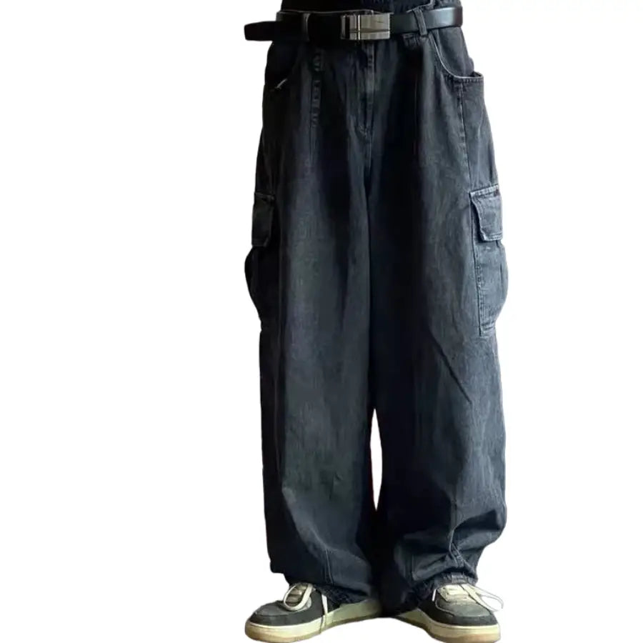 Harajuku Trousers Wide Leg Oversize Cargo Jeans - Black / S