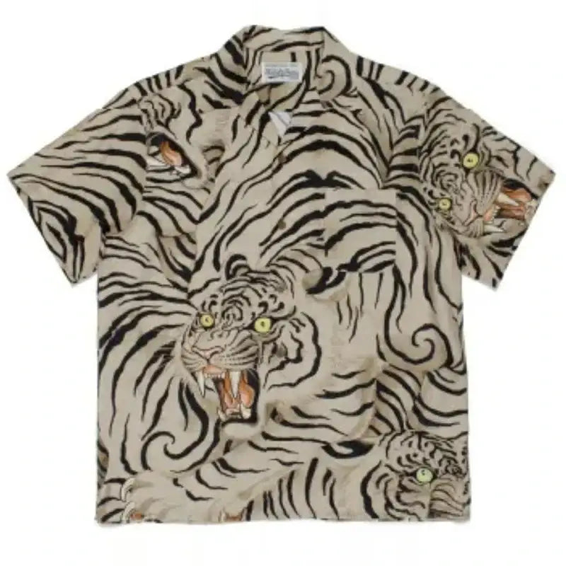 Hawaiian Short Sleeve Shirt - Beige Animal Print / S