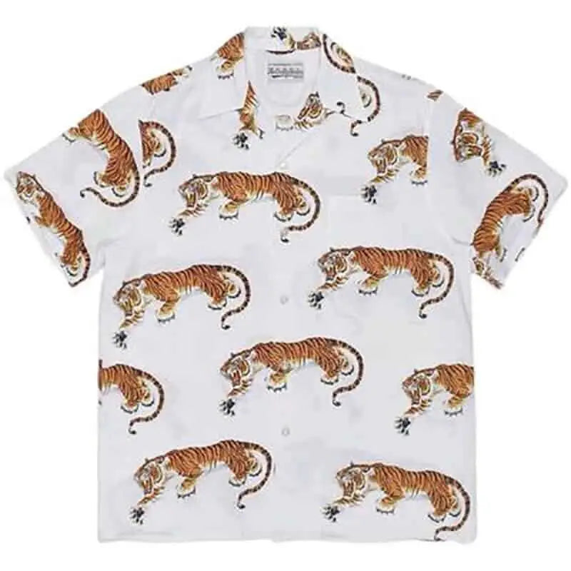 Hawaiian Short Sleeve Shirt - White - Tiger / S
