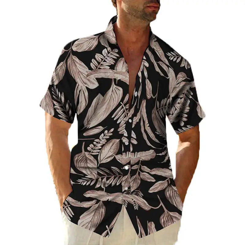 Hawaiian Short Sleeve Shirt with Tropical Print Black. / M