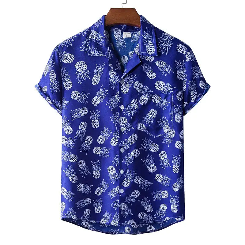 Hawaiian Short Sleeve Shirt with Tropical Print Dark Blue