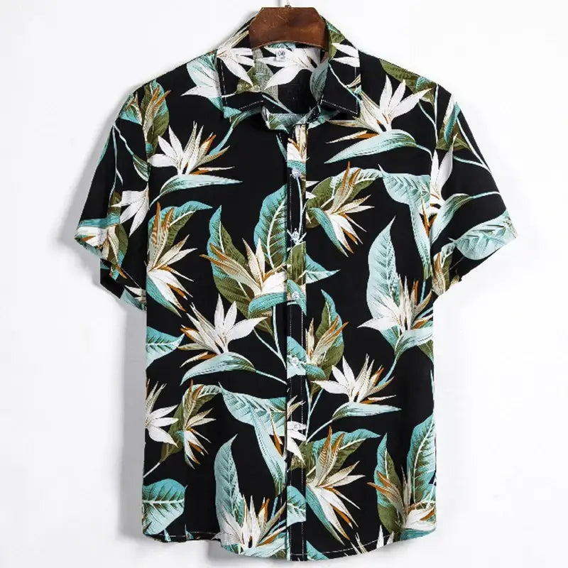 Hawaiian Short Sleeve Shirt with Tropical Print Dark Green.
