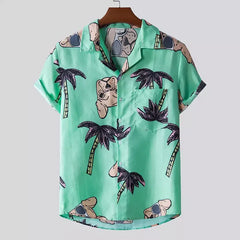 Hawaiian Short Sleeve Shirt with Tropical Print Light Green