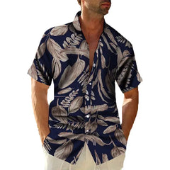 Hawaiian Short Sleeve Shirt with Tropical Print Navy Blue