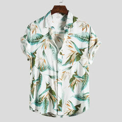 Hawaiian Short Sleeve Shirt with Tropical Print White-Green