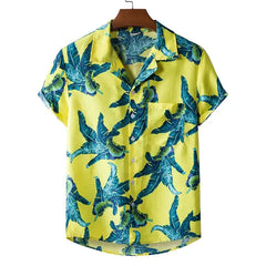 Hawaiian Short Sleeve Shirt with Tropical Print Yellow. / M