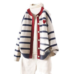 Heart and Stripes Round Neck Knitted Cardigan