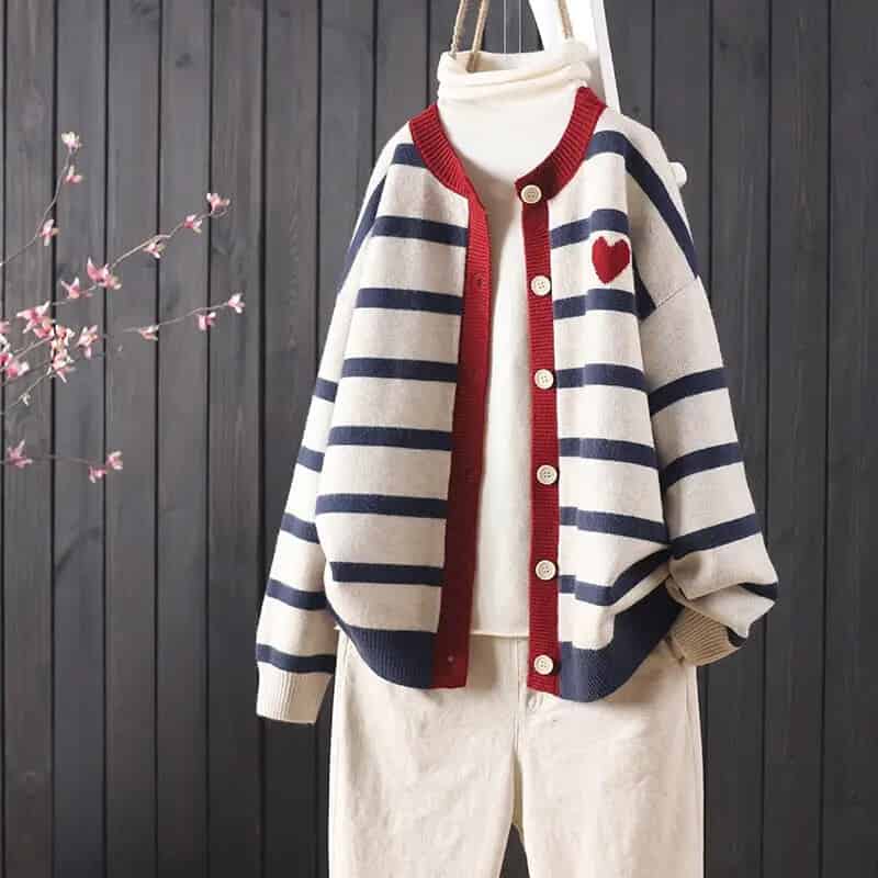 Heart and Stripes Round Neck Knitted Cardigan - Navy Blue