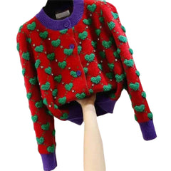 Heart Argyle O-Neck Knitted Cardigan for Women Red / S
