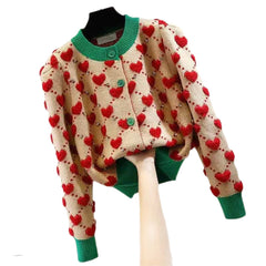 Heart Argyle O-Neck Knitted Cardigan - Khaki / S