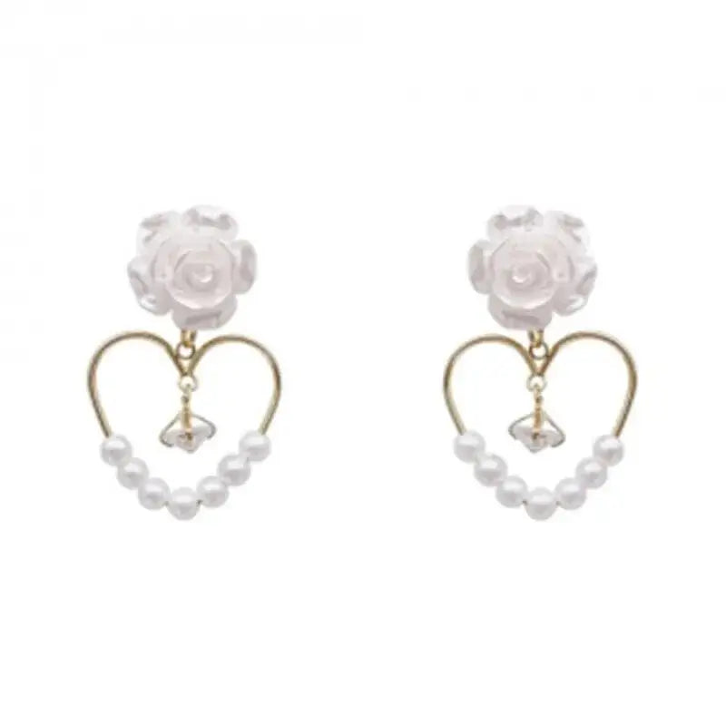 Heart Camellia Pearl Earrings for Everyday Style White