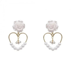 Heart Camellia Pearl Earrings for Everyday Style White