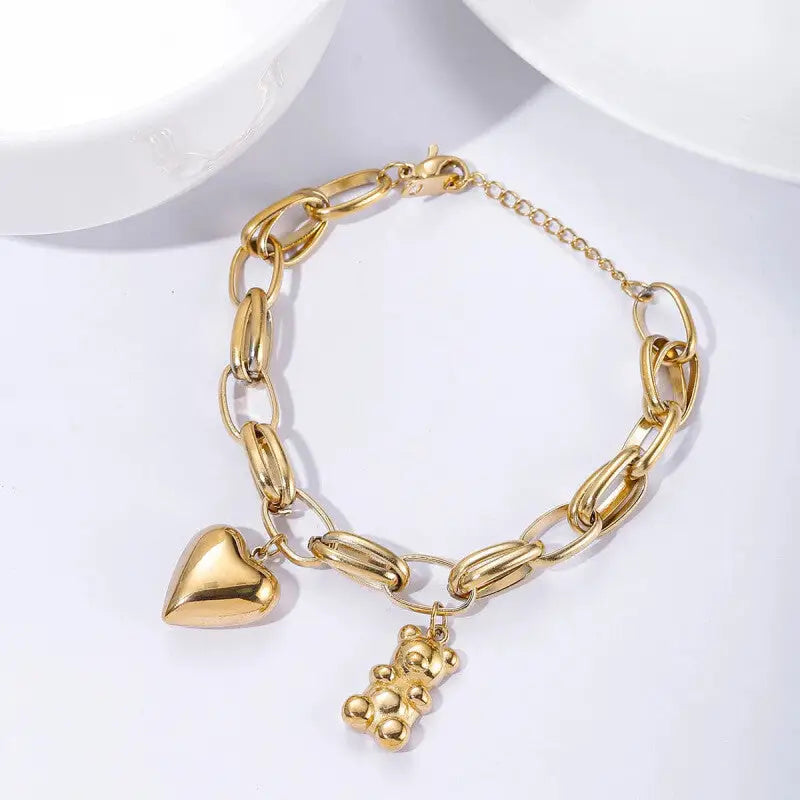 Heart Charm Link Chain Bracelet - Gold Bear