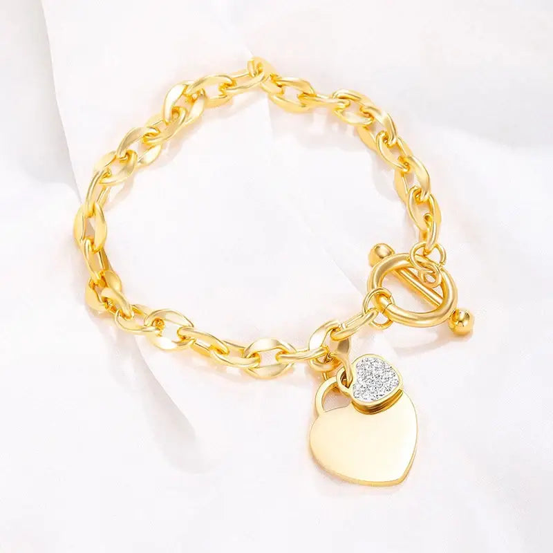 Heart Charm Link Chain Bracelet - Gold Two Hearts