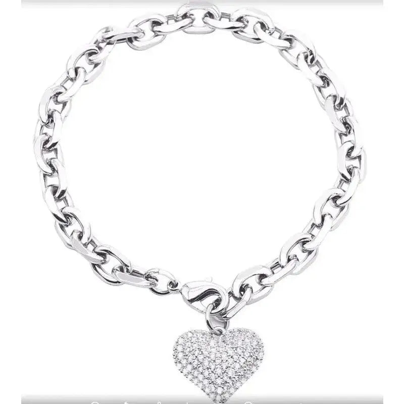 Heart Charm Link Chain Bracelet - Silver