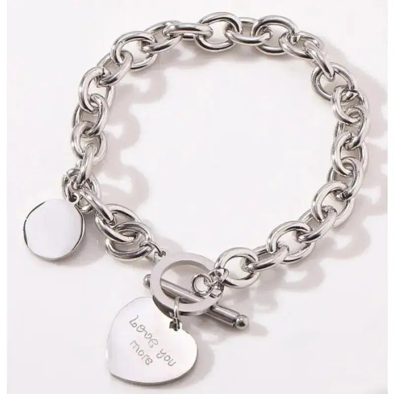 Heart Charm Link Chain Bracelet - Silver Circle