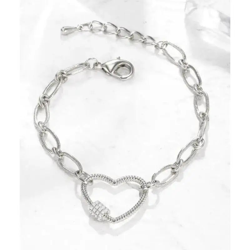 Heart Charm Link Chain Bracelet - Silver Hollow