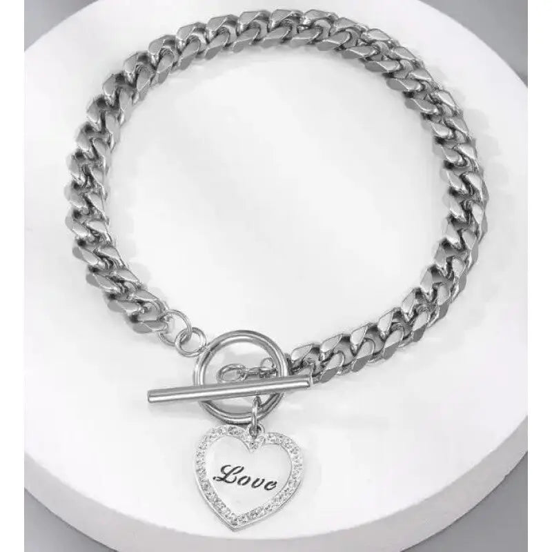 Heart Charm Link Chain Bracelet - Silver Love