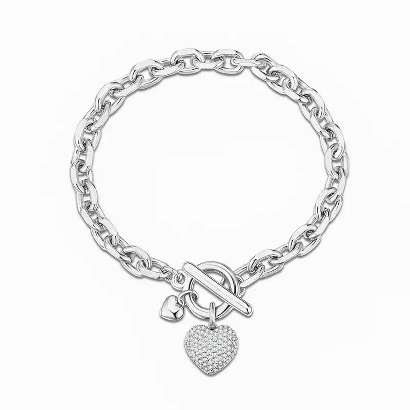 Heart Charm Link Chain Bracelet - Silver Shiny