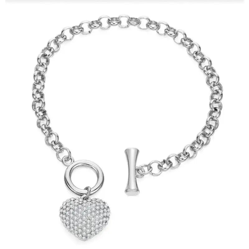 Heart Charm Link Chain Bracelet - Silver Shiny.