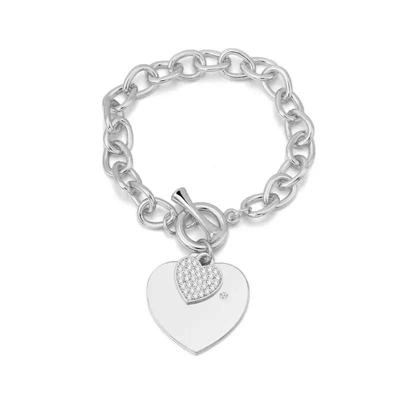 Heart Charm Link Chain Bracelet - Silver Smooth