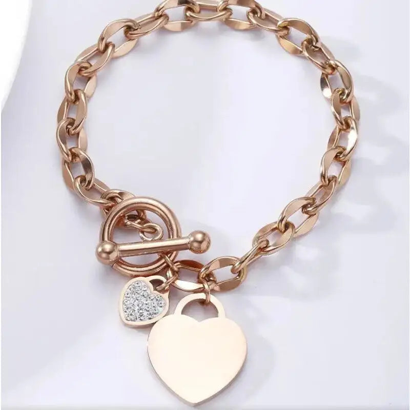 Heart Charm Link Chain Bracelet - Silver Two Hearts