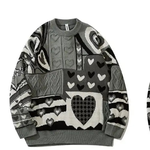 Heart Color Block Knitted Sweater for Women Gray / M