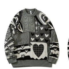 Heart Color Block Knitted Sweater for Women Gray / M