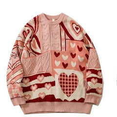 Heart Color Block Knitted Sweater for Women Pink / M