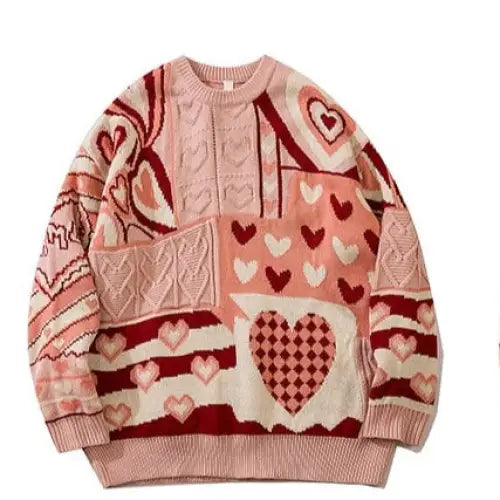 Heart Color Block Knitted Sweater - Pink / M