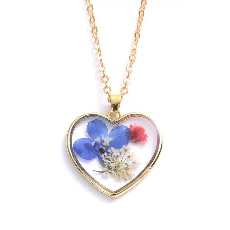 Heart Dried Natural Petal Epoxy Resin Necklace - Blue.