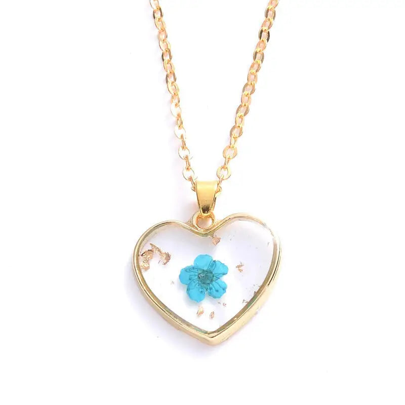Heart Dried Natural Petal Epoxy Resin Necklace - Blue